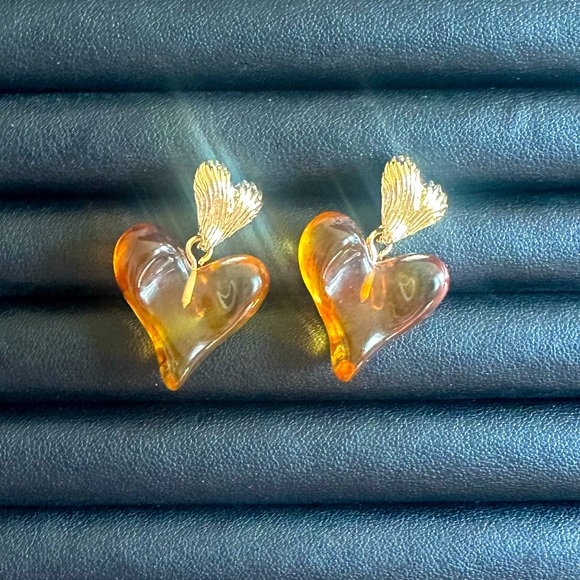 Heart-Shaped Gold and Brown Earrings - Picture 1 of 6